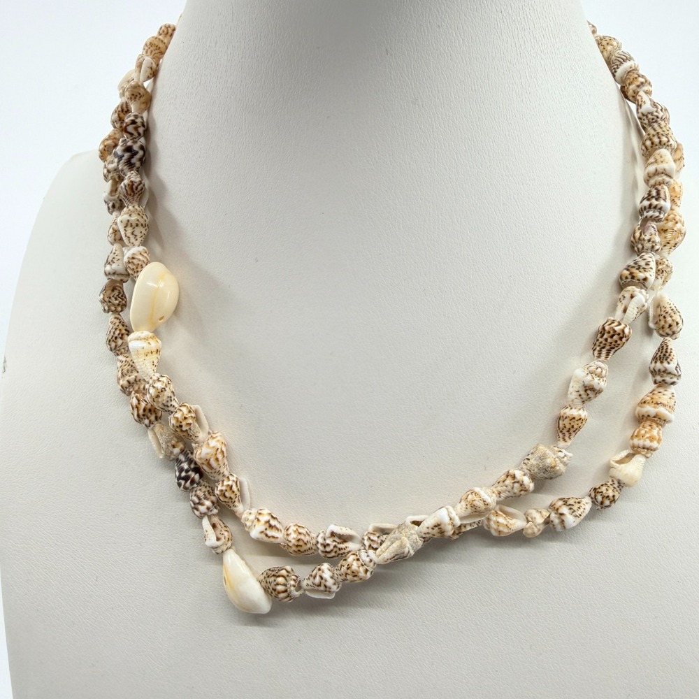 Coastal Seashell Beaded Necklace Boho Beach Jewelry Tan White Natural
